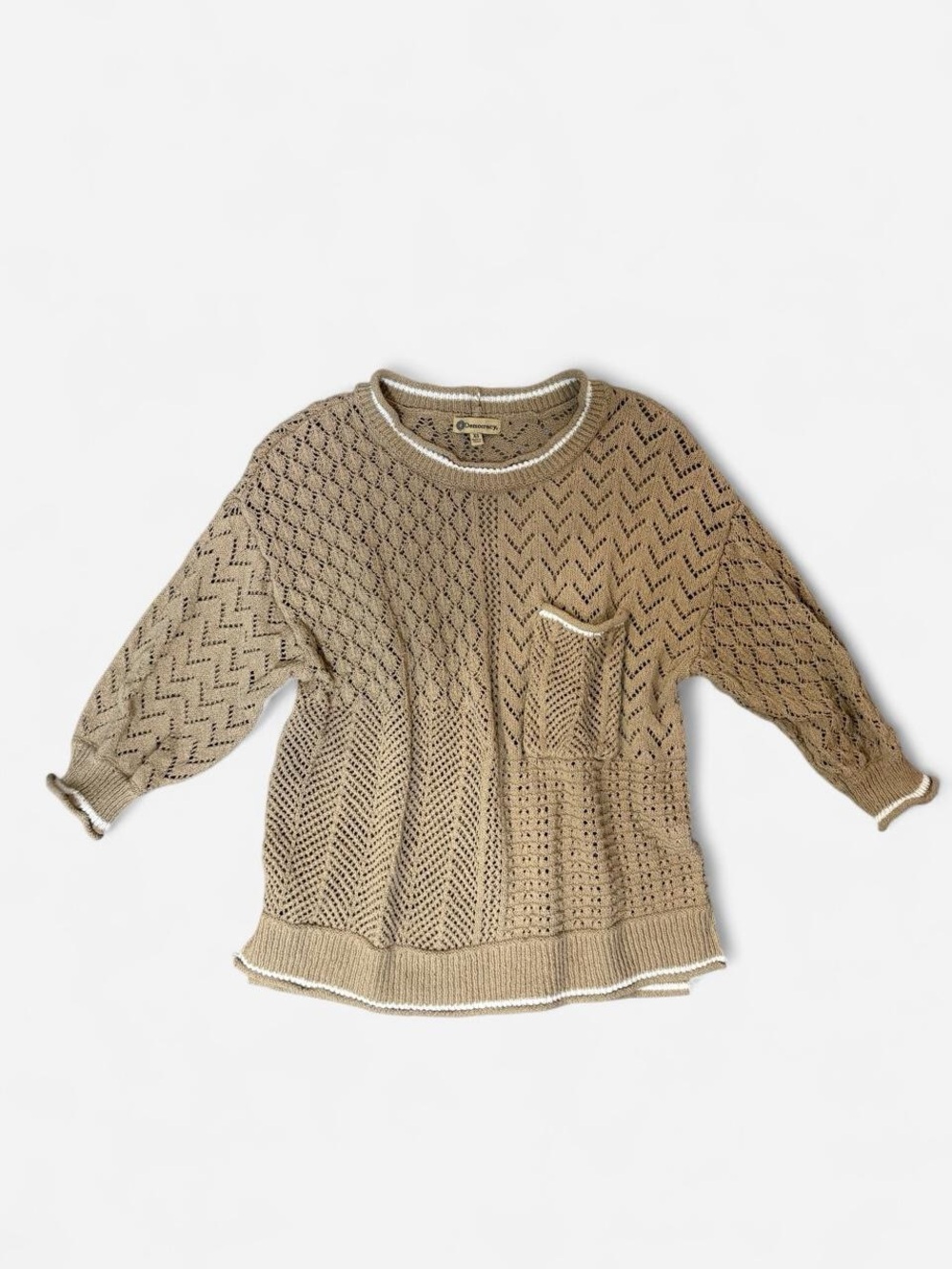 Democracy Beige Open-Knit Scoop Neck Sweater with Contrast Trim